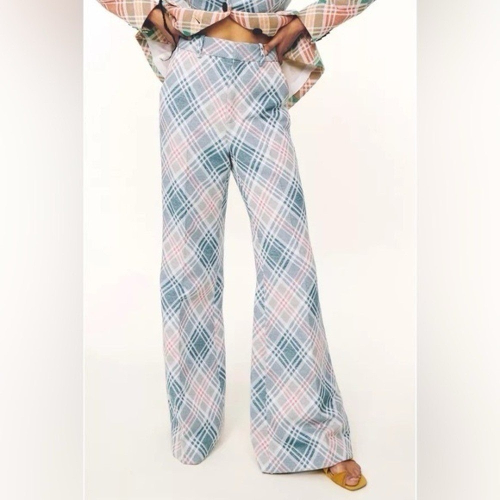 Rosie Assoulin Pleat Pressed Wide Legged Plaid‎ Pink Pants Size 8